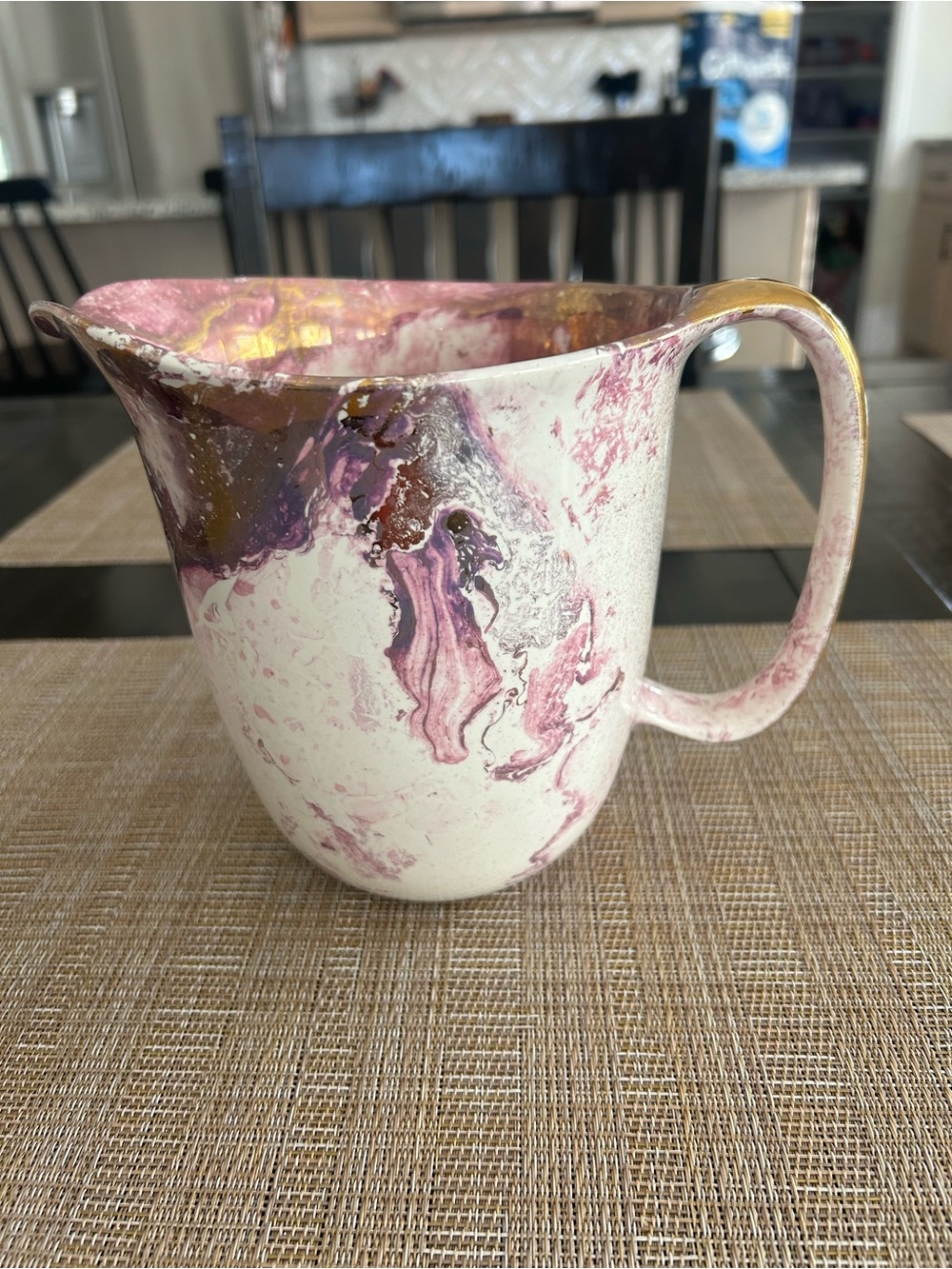 Artist Marbleized Pink and Gold Ceramic Pitcher - Home Art